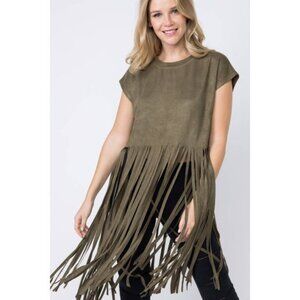 Suede Short Sleeve Long Fringed Top